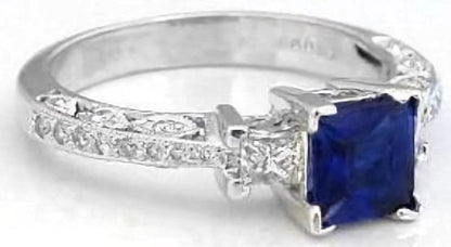 1 carat Natural Princess Cut Sapphire and Princess Diamond Engagement Ring in 14k white gold - antique design
