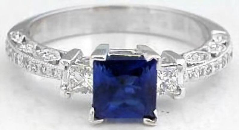 1 carat natural Princess Cut Sapphire and Diamond Ring in 14k white gold - vintage design