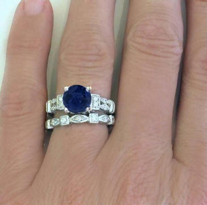 Dark Blue Natural Round Sapphire Wedding Ring and Matching Band Set in solid 14k white gold