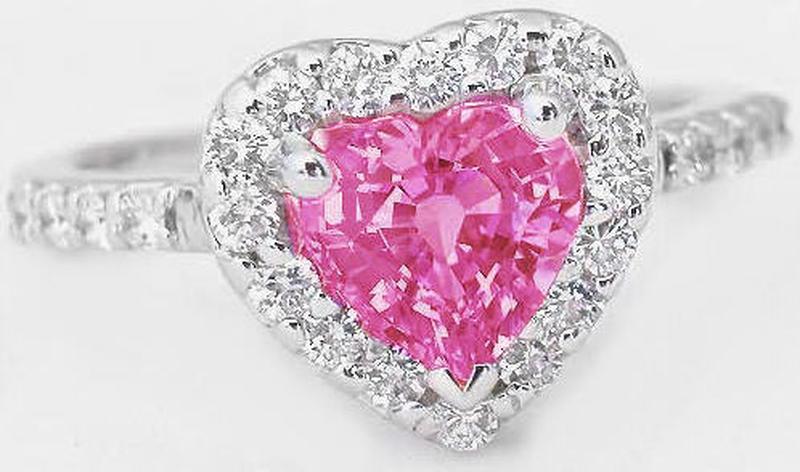 Exceptional Heart Shape Natural Pink Sapphire and Diamond Halo Ring in 14k white gold