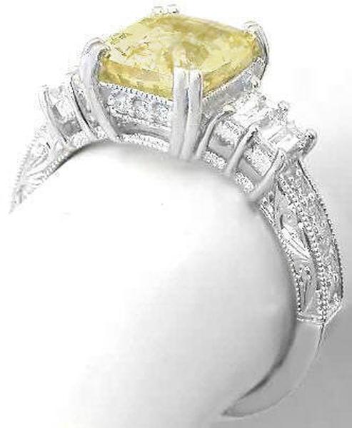 Natural Radiant Cut Untreated Yellow Sapphire Engagement Ring with Baguette Diamonds in 18k white gold for sale