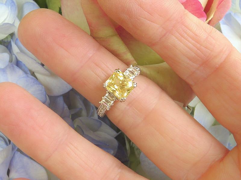 Natural Unheated Radiant Cut Yellow Sapphire and Baguette and Round Diamond Ring in 18k white gold - Heirloom Quality