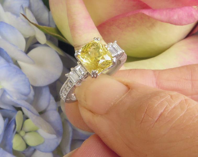 Very Fine Unheated Ceylon Yellow Sapphire and Baguette Diamond Ring in 18k with Engraving