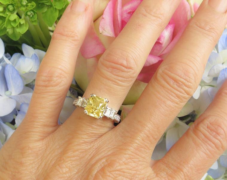 Ceylon Natural Unheated Untreated Radiant Cut Yellow Sapphire Diamond Baguette Ring in 18k white gold