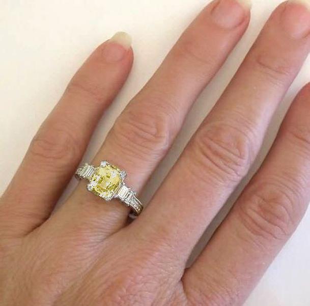 Vintage Antique Inspired Natural Untreated Yellow Sapphire Ring with real Baguette Diamonds in 18k