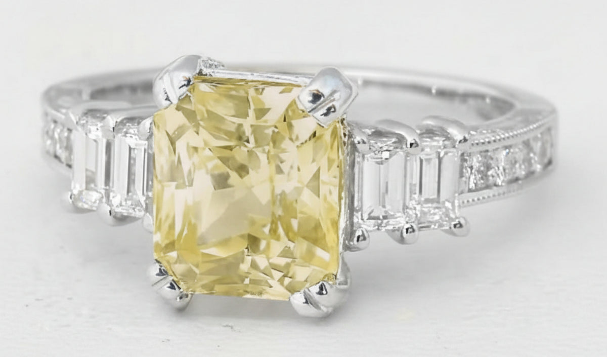 Large Natural Unheated Ceylon Yellow Sapphire and Diamond Ring in 18k white gold - Radiant Cut