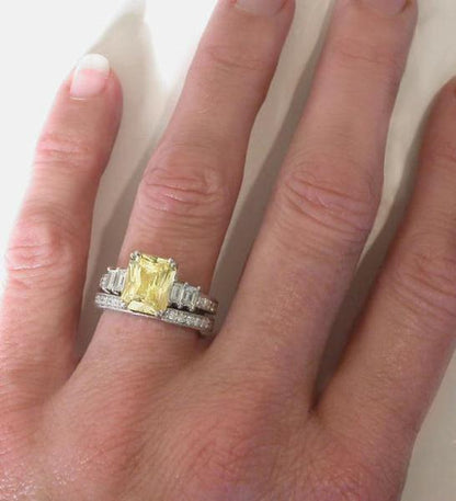 Natural radiant cut yellow sapphire and baguette diamond engagement ring in 18k white gold for sale