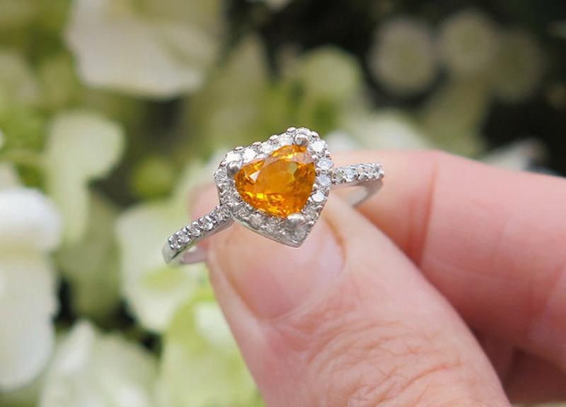 Untreated Unheated Natural Orange Heart Cut Sapphire Engagement Ring with Real Diamond Halo in solid 18k white gold