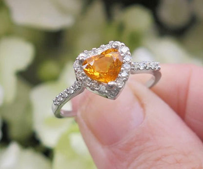 Diamond Halo Engagement Ring with 1.78 carat Unheated Untreated Heart Shape Yellow Orange Sapphire in 18k