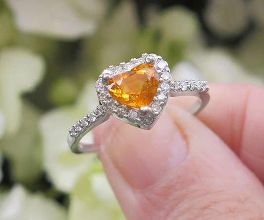 Diamond Halo Engagement Ring with 1.78 carat Unheated Untreated Heart Shape Yellow Orange Sapphire in 18k