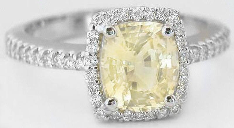 Halo set cushion cut natural yellow sapphire engagement ring in 14k white gold