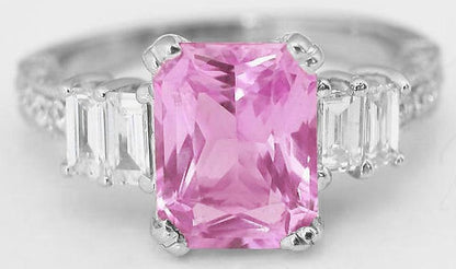 Radiant cut natural pink sapphire ring in 18k white gold