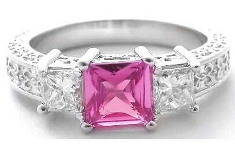 Princess cut natural pink sapphire engagement ring in 14k white gold