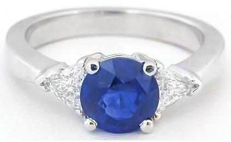 Natural Blue Sapphire Ring with 7mm Round CeylonSapphire and Trillion Cut Diamonds set in solid 14k white gold