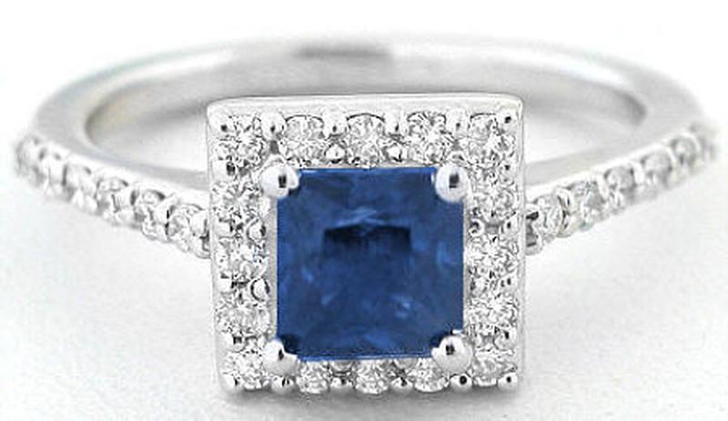Princess Cut Natural Mined Blue Sapphire Ring with Diamond Halo Ring in 14k white gold