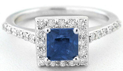 Princess Cut Natural Mined Blue Sapphire Ring with Diamond Halo Ring in 14k white gold