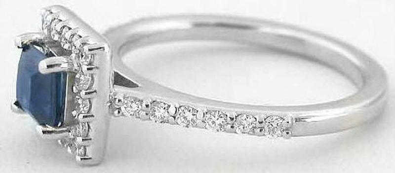 Princess Cut Natural Sapphire and Diamond Halo Engagement Ring in 14k white gold