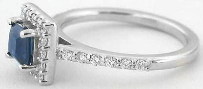 Princess Cut Natural Sapphire and Diamond Halo Engagement Ring in 14k white gold