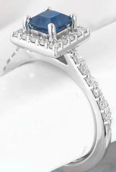Princess Cut Natural Mined Blue Sapphire Ring with Diamond Halo Ring in 14k white gold
