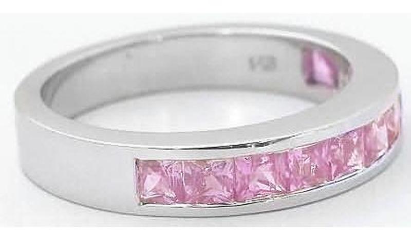 Side View of Bubble Gum Pink Sapphire Stackable Anniversary Rings in 14k white gold