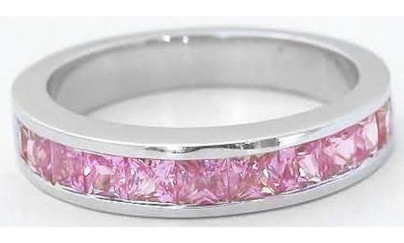 Princess cut natural pink sapphire ring with channel setting in solid 14k white gold