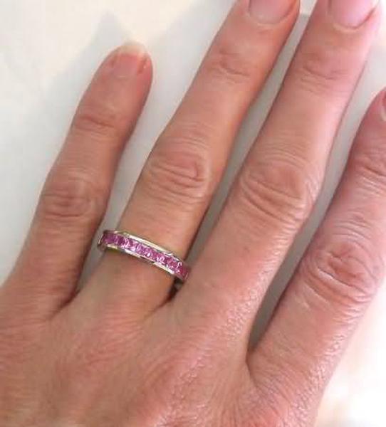 White Gold Anniversary Band Ring with Pink Sapphires Princess Cut Channel Set