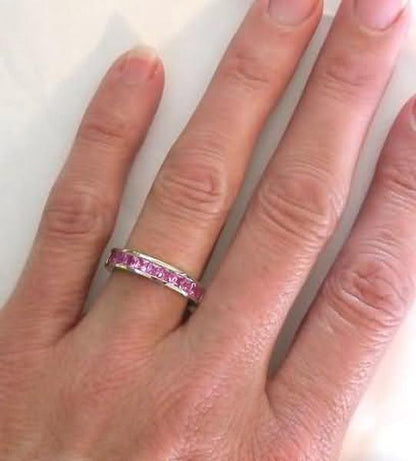White Gold Anniversary Band Ring with Pink Sapphires Princess Cut Channel Set