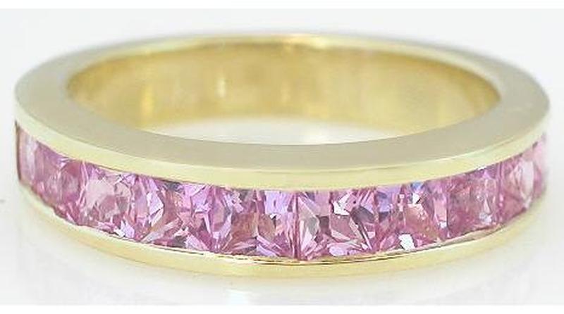 Natural Pink Sapphire Anniversary Ring with 2.5mm Princess Cut Pink Sapphires in 14k yellow gold