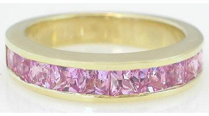 Natural Pink Sapphire Anniversary Ring with 2.5mm Princess Cut Pink Sapphires in 14k yellow gold