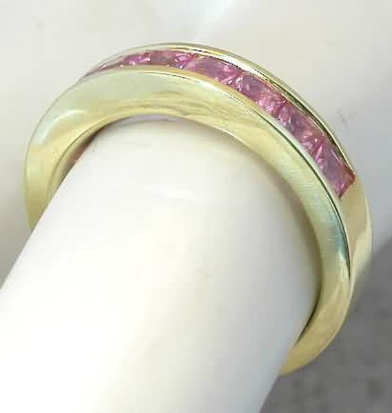 Anniversary Band Side View with Princess Cut Medium Pink Sapphires in 14k yellow gold