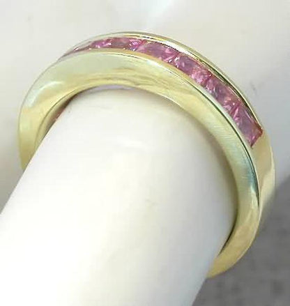 Anniversary Band Side View with Princess Cut Medium Pink Sapphires in 14k yellow gold