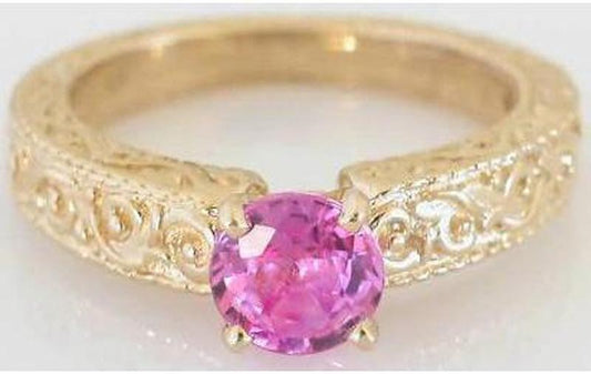 Solitaire set round cut natural pink sapphire engagement ring in 14k yellow gold