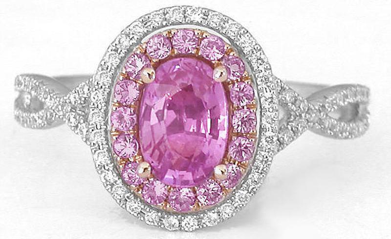 Halo set natural pink sapphire ring in 14k rose gold