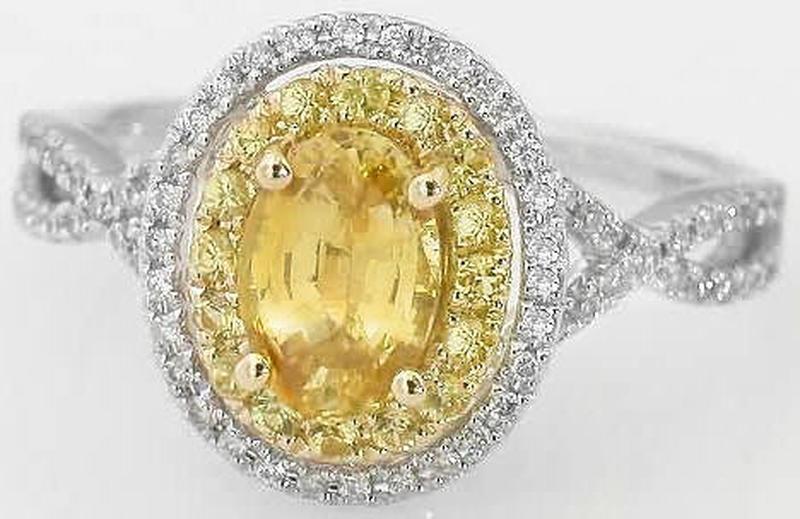 Halo set natural yellow sapphire engagement ring in 14k white and yellow gold
