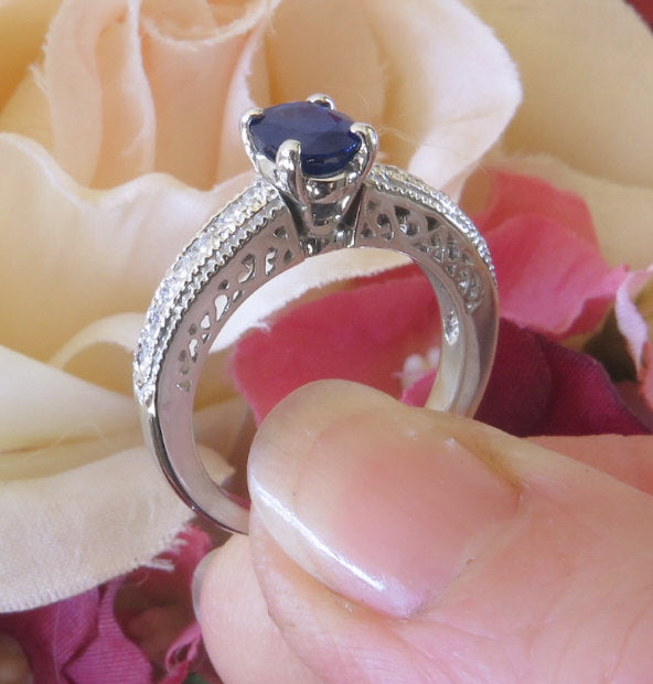Ornate Antique Design Natural Blue Sapphire Engagement Ring with Real Diamonds in 14k white gold