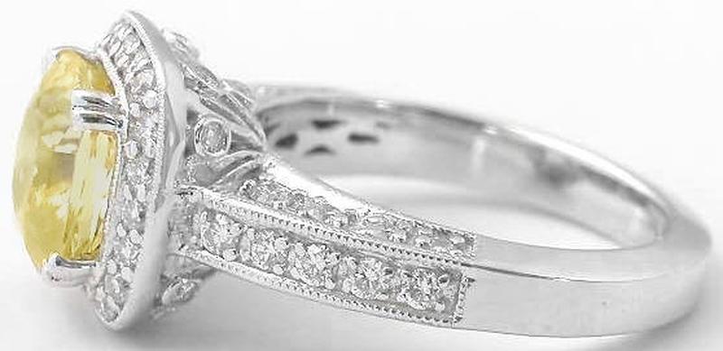 Unheated Ceylon 8mm Yellow Sapphire Cushion Cut Ring in 14k white gold- Antique Inspired