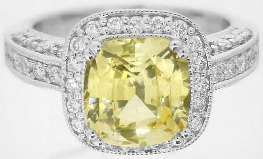 Natural Unheated Cushion Cut Yellow Sapphire and Diamond Halo Ring with Vintage Details in 14k white gold