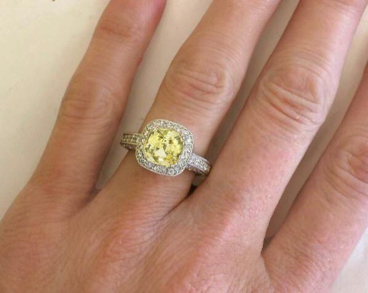 Exceptional Fine Quality 8mm Cushion Cut Unheated Yellow Sapphire and Diamond Halo Ring in 14k white gold