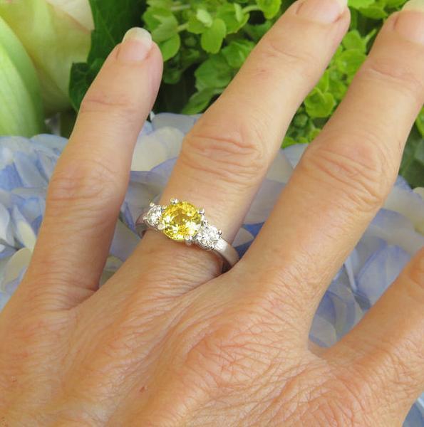 Round Natural Yellow Sapphire Three Stone Engagement Ring with Real Round Diamonds in solid 14k white gold for sale