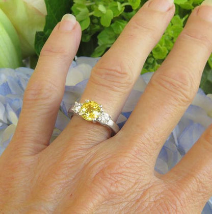 Round Natural Yellow Sapphire Three Stone Engagement Ring with Real Round Diamonds in solid 14k white gold for sale