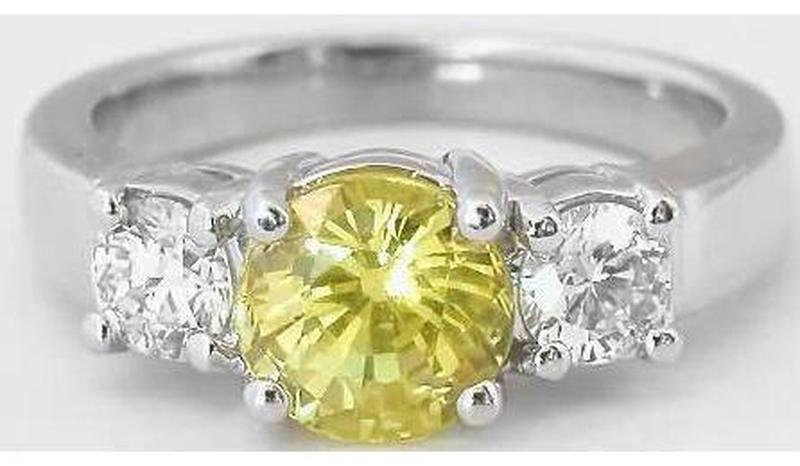 Round Natural Yellow Sapphire Three Stone Ring with Real Round Diamonds in solid 14k white gold