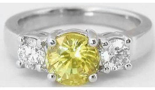 Round Natural Yellow Sapphire Three Stone Ring with Real Round Diamonds in solid 14k white gold