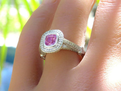 Natural Cushion Pink Sapphire and Diamond Halo Ring in Ornate Platinum Mounting