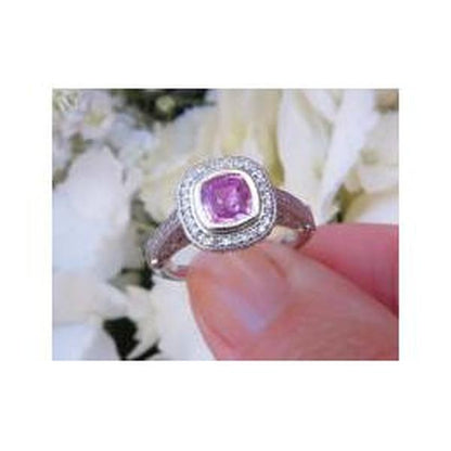Platinum Natural 6mm Cushion Pink Sapphire Wedding Ring with Real Diamond Halo for sale