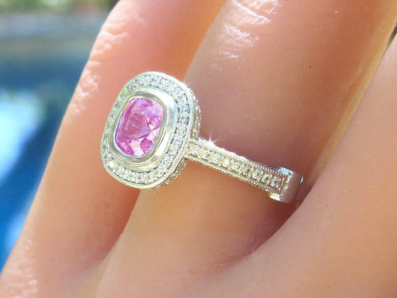 Natural Pink Sapphire and Diamond Halo Ring in Vintage Styled Platinum Mounting