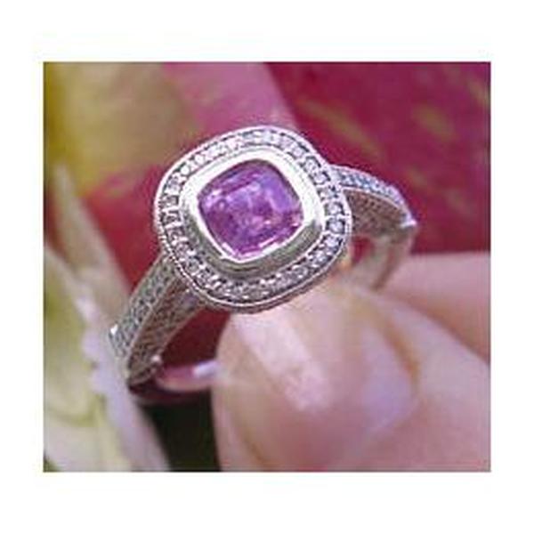 Platinum Natural 6mm Cushion Pink Sapphire Engagement Ring with Real Diamond Halo for sale