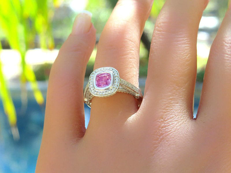 Natural Pink Sapphire and Diamond Halo Ring in Ornate Platinum Mounting