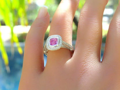 Natural Pink Sapphire and Diamond Halo Ring in Ornate Platinum Mounting