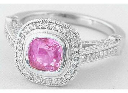 Bezel set cushion cut natural pink sapphire ring in platinum