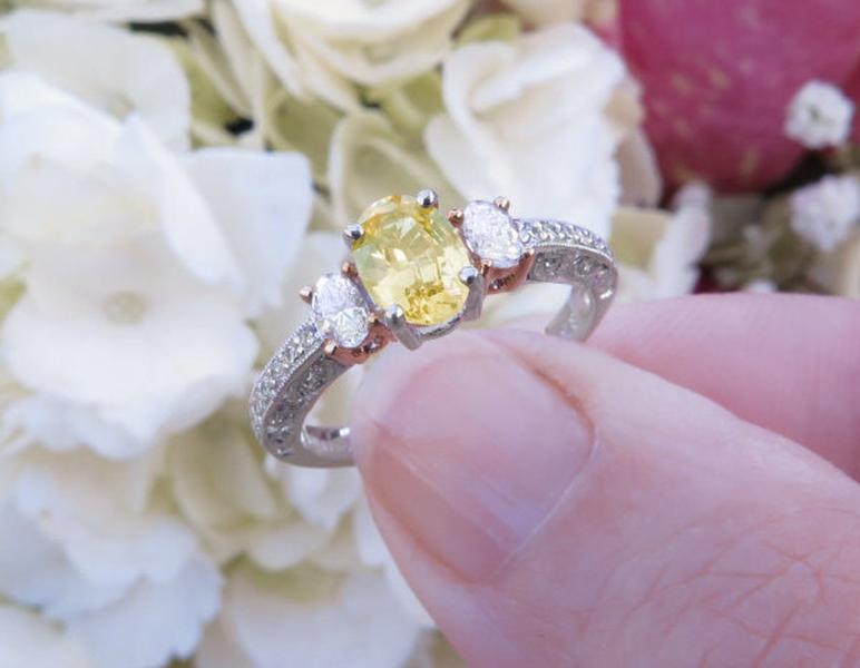 Oval Natural Yellow Sapphire Three Stone Wedding Ring with real oval side diamonds in a antique style setting in solid platinum for sale